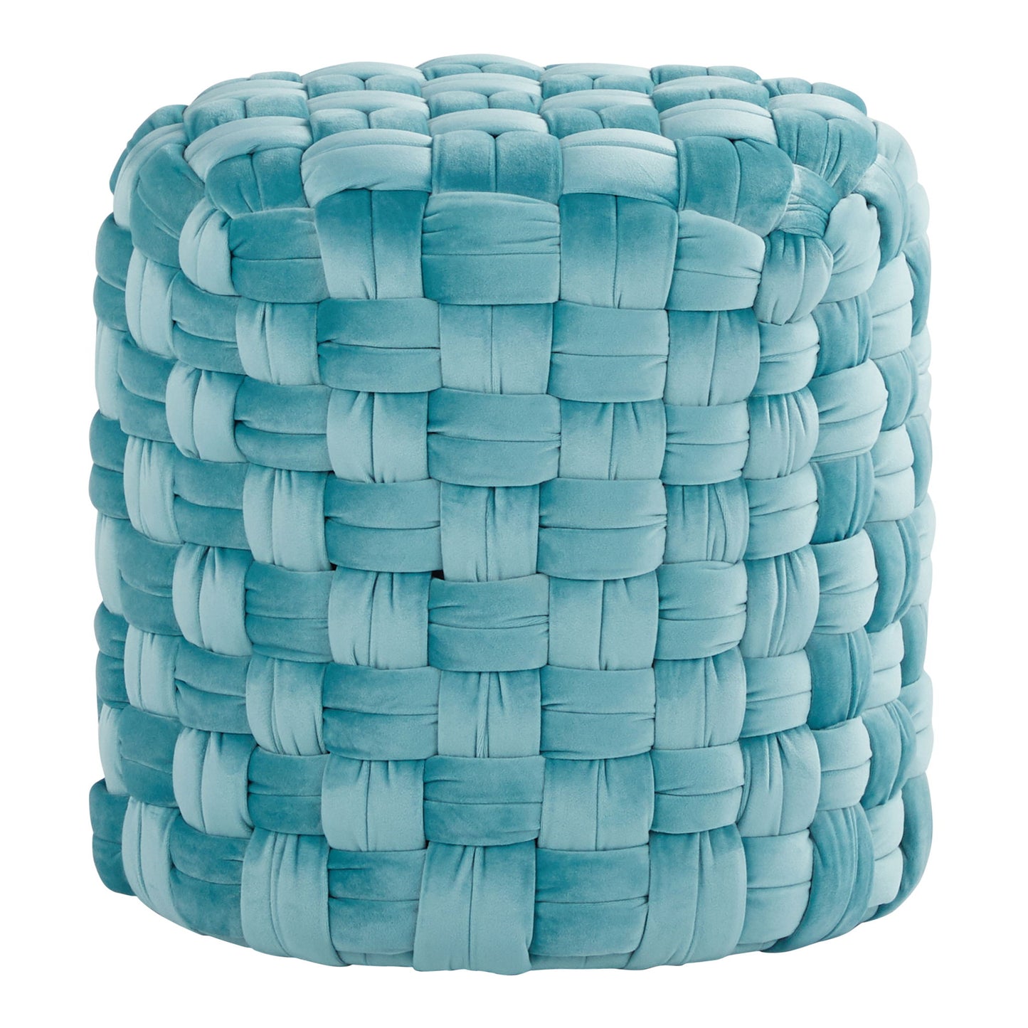 The Braided - Versatile Round Ottoman features a plush, light blue thickly woven fabric exterior with a soft, textured pattern.