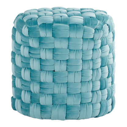 The Braided - Versatile Round Ottoman features a plush, light blue thickly woven fabric exterior with a soft, textured pattern.