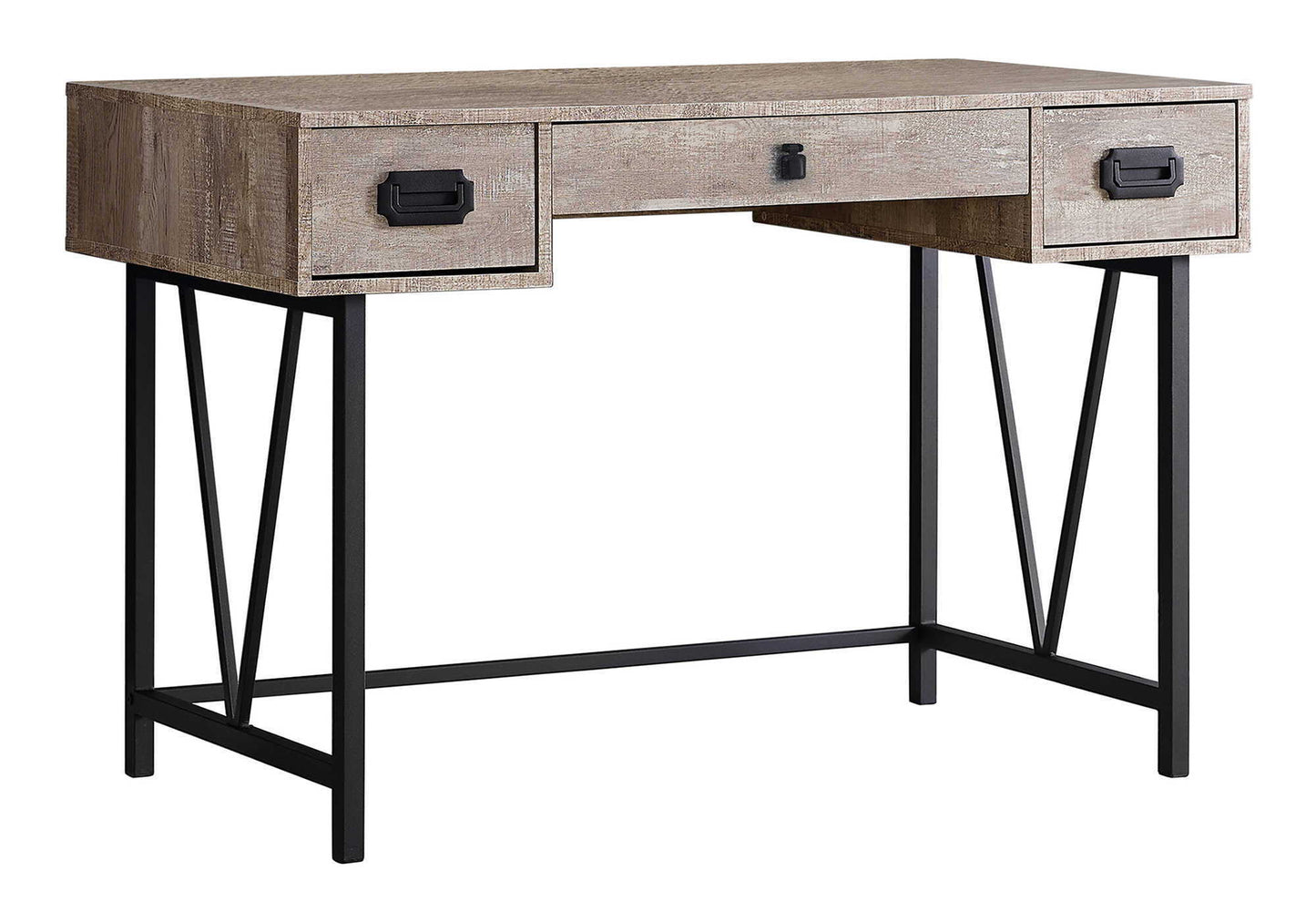 The Computer Desk for Home Office features a weathered wood finish, three storage drawers with black handles, and black metal legs with angled supports, making it ideal for laptops and transitional spaces.