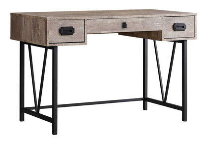 The Computer Desk for Home Office features a weathered wood finish, three storage drawers with black handles, and black metal legs with angled supports, making it ideal for laptops and transitional spaces.