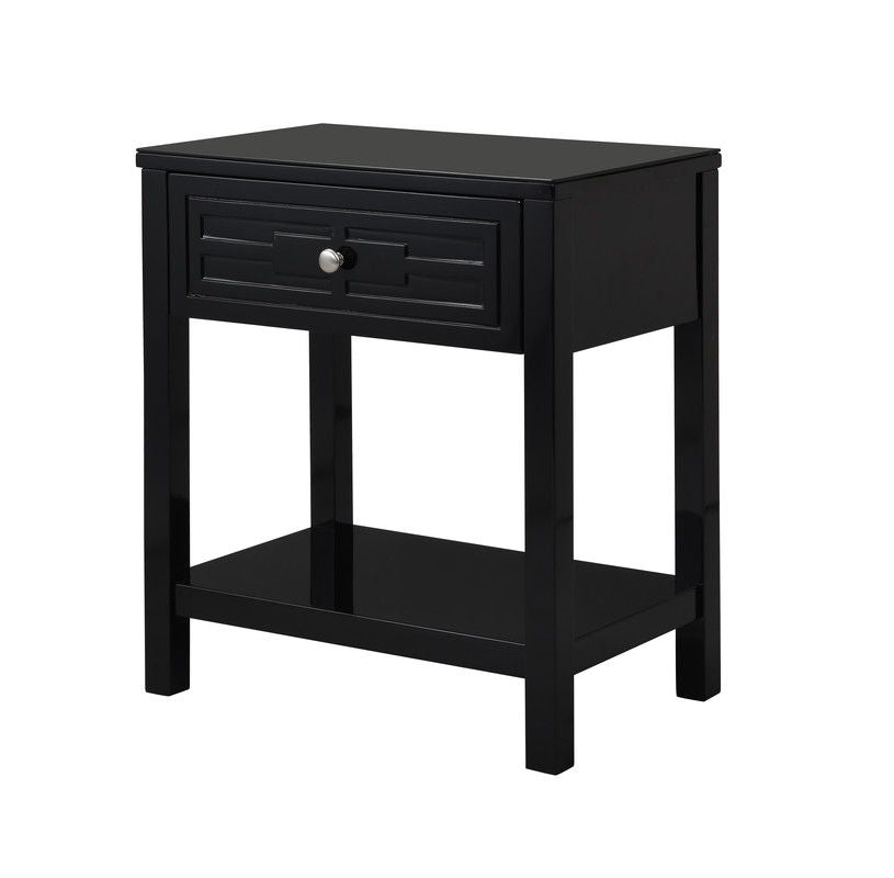 The Dylan Wooden End Side Table Nightstand features a glass top, a single drawer with a round metal knob, an open lower shelf, and four straight legs.