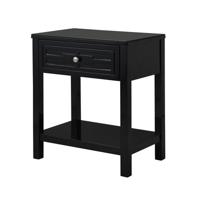 The Dylan Wooden End Side Table Nightstand features a glass top, a single drawer with a round metal knob, an open lower shelf, and four straight legs.