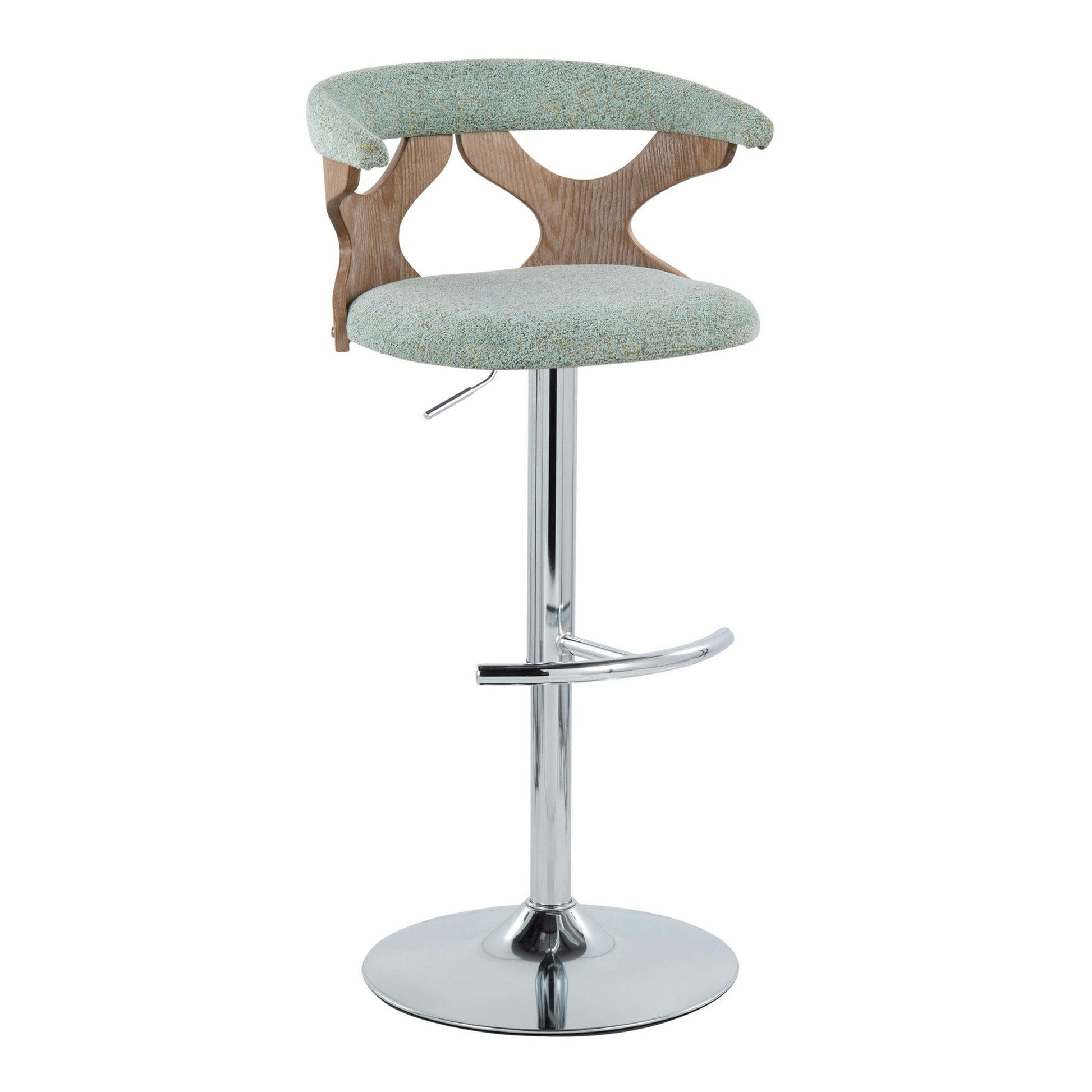The Gardenia Contemporary Adjustable Barstool (Set of 2) features a curved wooden backrest with cut-out designs, an upholstered light green seat, a chrome base, and a swivel with rounded T-footrest for modern flair.