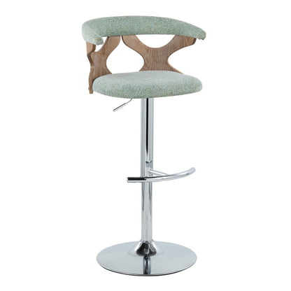 The Gardenia Contemporary Adjustable Barstool (Set of 2) features a curved wooden backrest with cut-out designs, an upholstered light green seat, a chrome base, and a swivel with rounded T-footrest for modern flair.