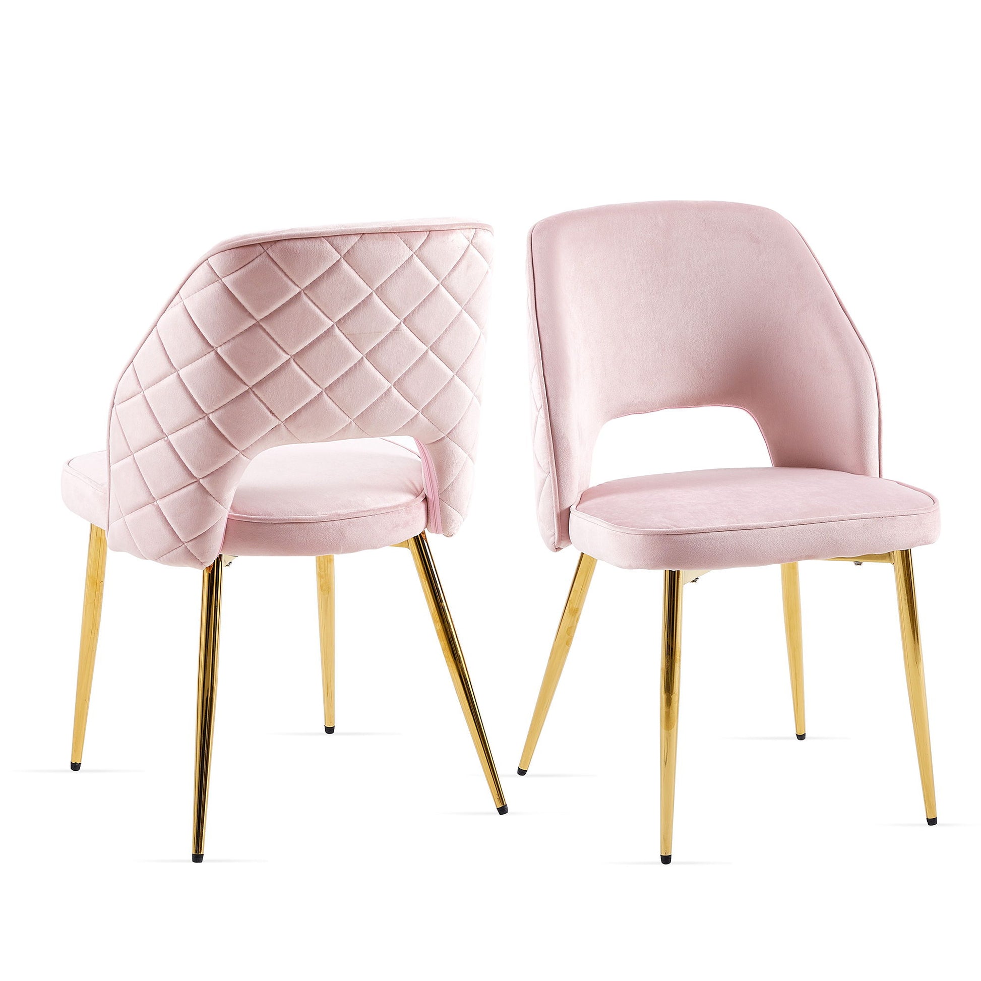 Set of two Velvet Dining Chairs with light pink upholstered seats and hollow backs, diamond-patterned stitching on backrests, and sleek gold metal legs; shown from both front and back angles.