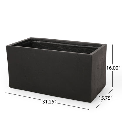 The Modern Outdoor Planter is black, rectangular with a rough texture, and measures 31.25" L x 15.75" W x 16" H; measurements are shown with arrows.