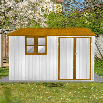 A 10' x 8' Garden Shed Outdoor Storage Shed With Window, featuring a yellow roof, window frame, and door frame, stands on a lawn surrounded by grass, trees, and flowers on a sunny day.