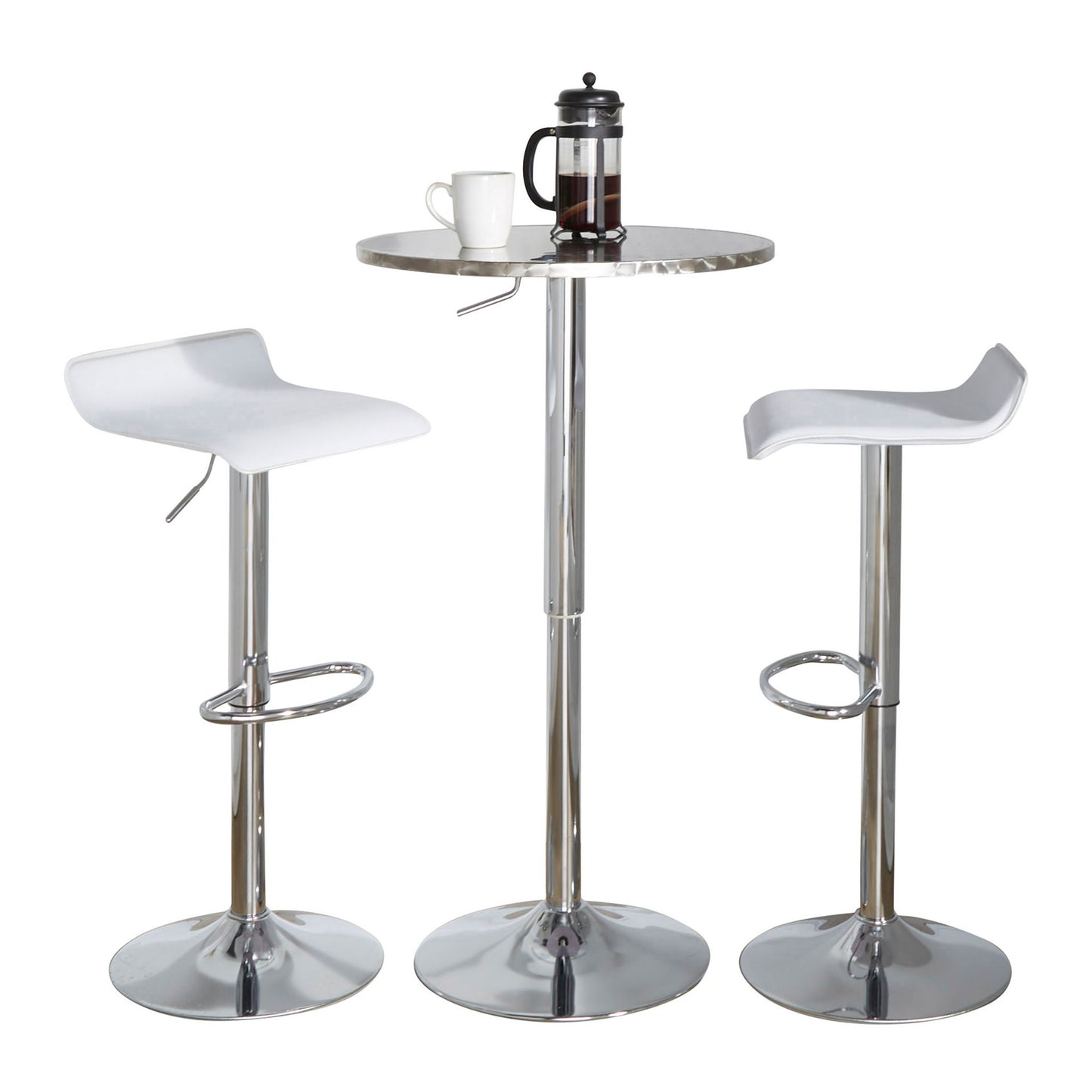 The Ale 3 Piece Bar Set features a round, modern silver table topped with a French press and white mug, flanked by two white and chrome bar stools with adjustable oval footrests.