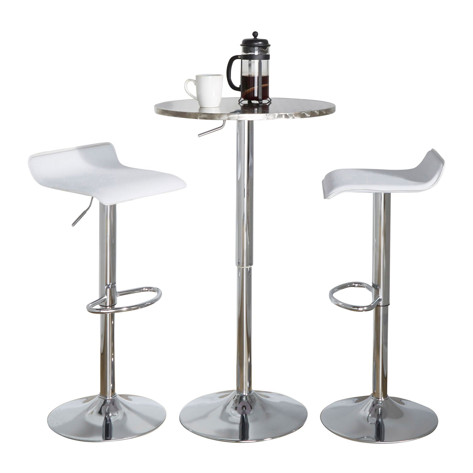 The Ale 3 Piece Bar Set features a round, modern silver table topped with a French press and white mug, flanked by two white and chrome bar stools with adjustable oval footrests.