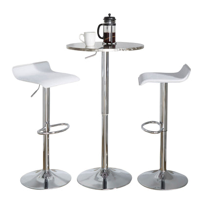 The Ale 3 Piece Bar Set features a round, modern silver table topped with a French press and white mug, flanked by two white and chrome bar stools with adjustable oval footrests.