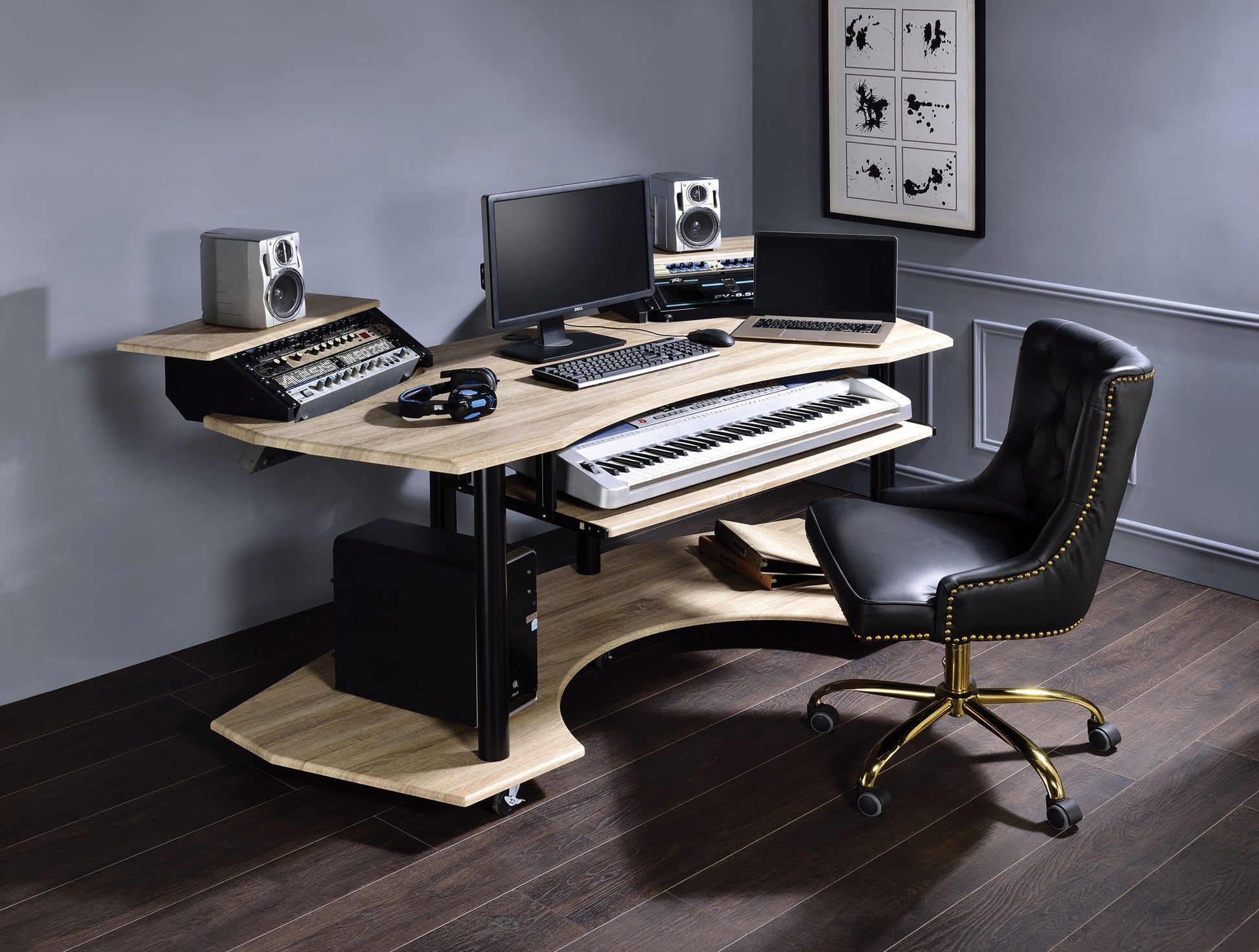 The Eleazar Music Recording Studio Desk features a wooden design, ideal for modern setups with a MIDI keyboard, monitors, speakers, audio gear, headphones, and a black leather chair with gold accents on dark wood flooring.