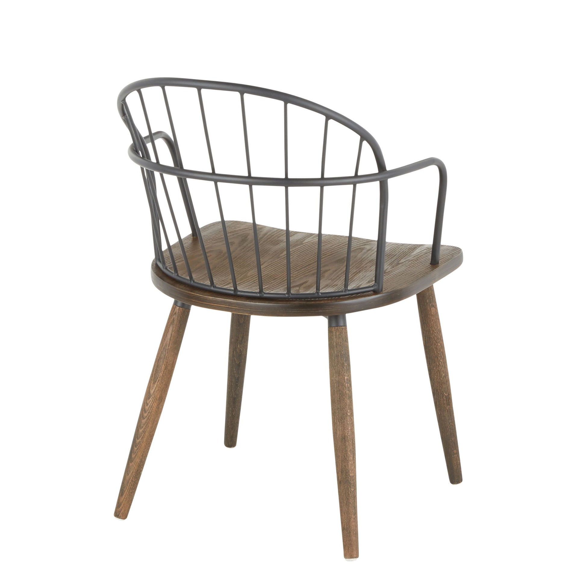 The Riley - Farmhouse Office Chair features angled wooden legs and a curved metal backrest with vertical bars, shown against a white background.