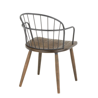 The Riley - Farmhouse Office Chair features angled wooden legs and a curved metal backrest with vertical bars, shown against a white background.