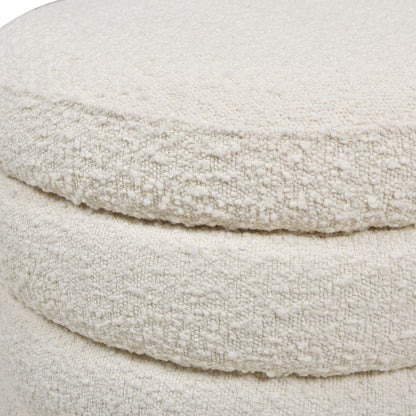Close-up of the Fuji - Oversized Round Storage Ottoman, featuring a soft, textured boucle fabric in an off-white shade that highlights its cozy and woven appearance.