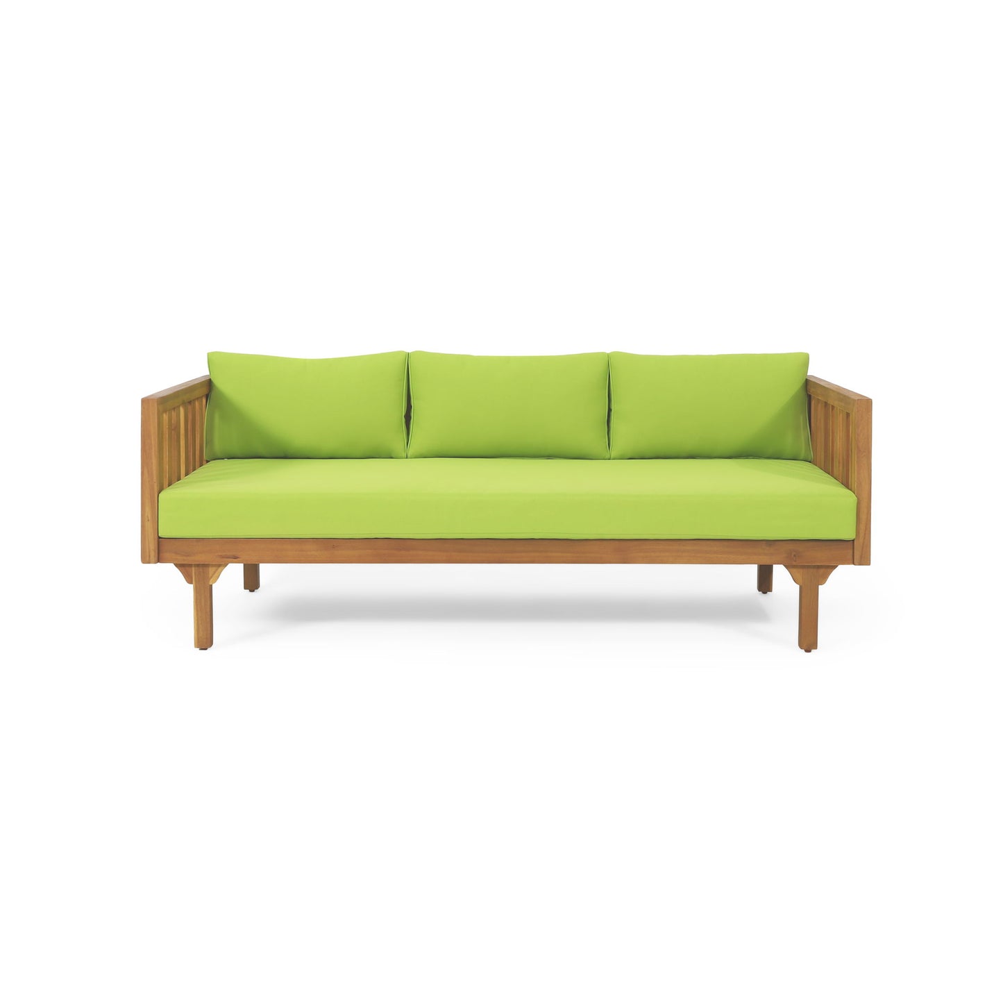 The Claremont 3 Seater Daybed features a teak acacia wood frame and light green water-resistant seat and back cushions, including three back pillows, shown against a plain white background.