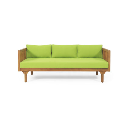 The Claremont 3 Seater Daybed features a teak acacia wood frame and light green water-resistant seat and back cushions, including three back pillows, shown against a plain white background.