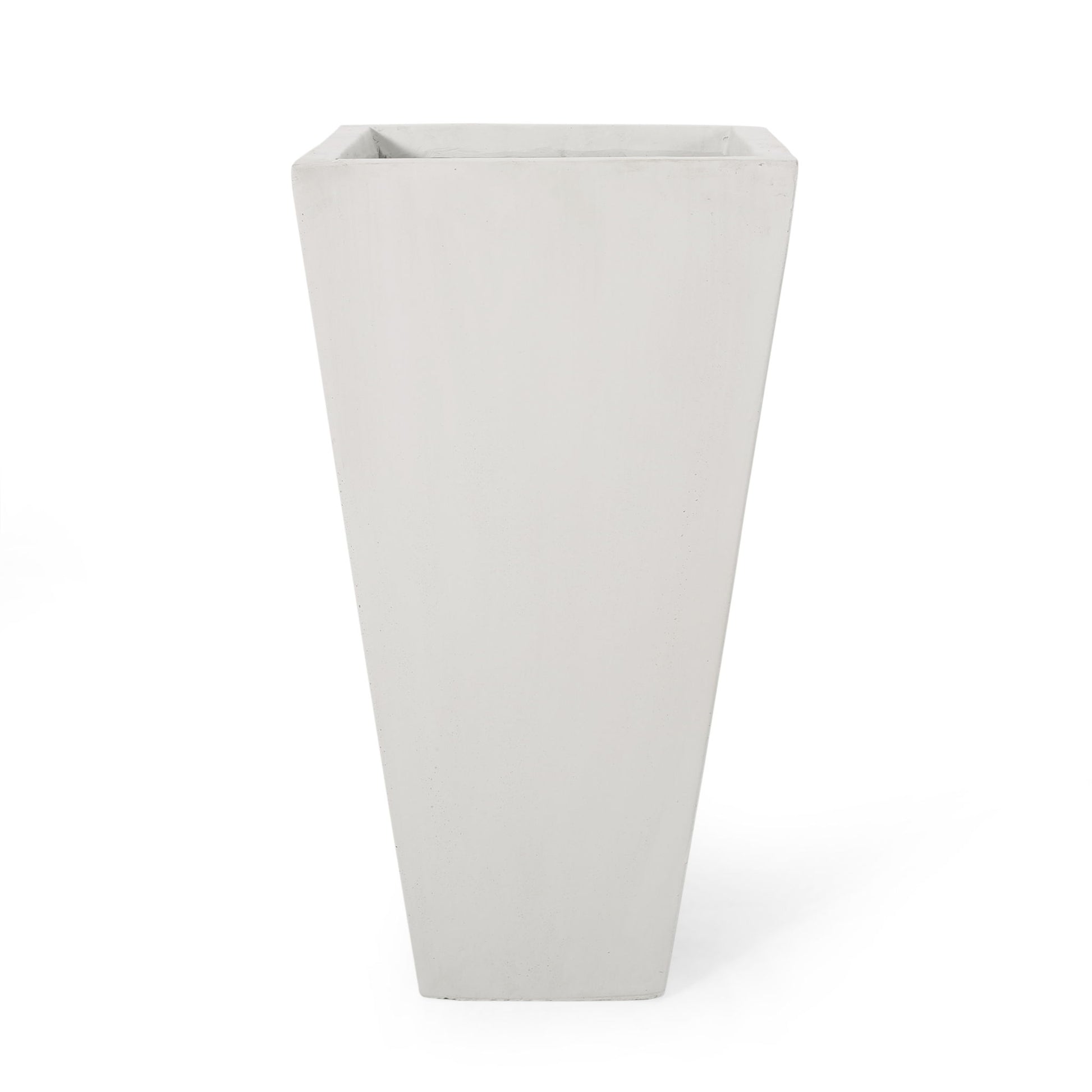 The Outdoor Modern Cast Stone Planter is a tall, white, square planter with a tapered design, shown against a plain white background.