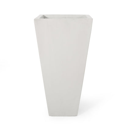 The Outdoor Modern Cast Stone Planter is a tall, white, square planter with a tapered design, shown against a plain white background.