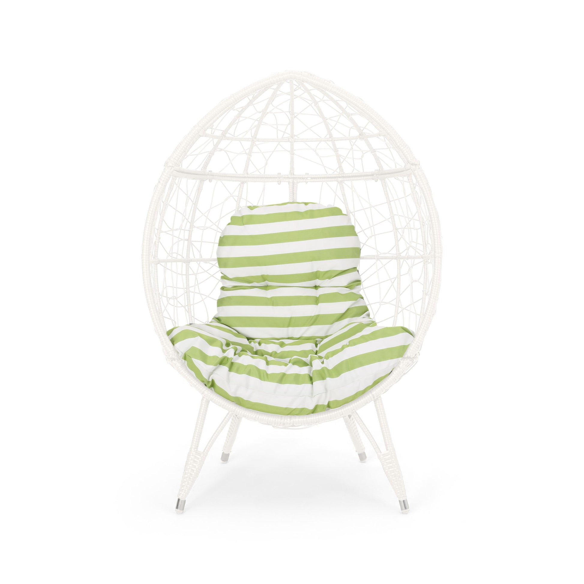 The Cosmos - Round Hammered Iron Teardrop Chair features a white, egg-shaped woven frame with green and white striped cushioned seat and backrest, supported by four white legs.