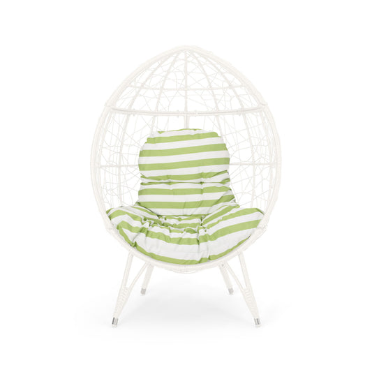 The Cosmos - Round Hammered Iron Teardrop Chair features a white, egg-shaped woven frame with green and white striped cushioned seat and backrest, supported by four white legs.
