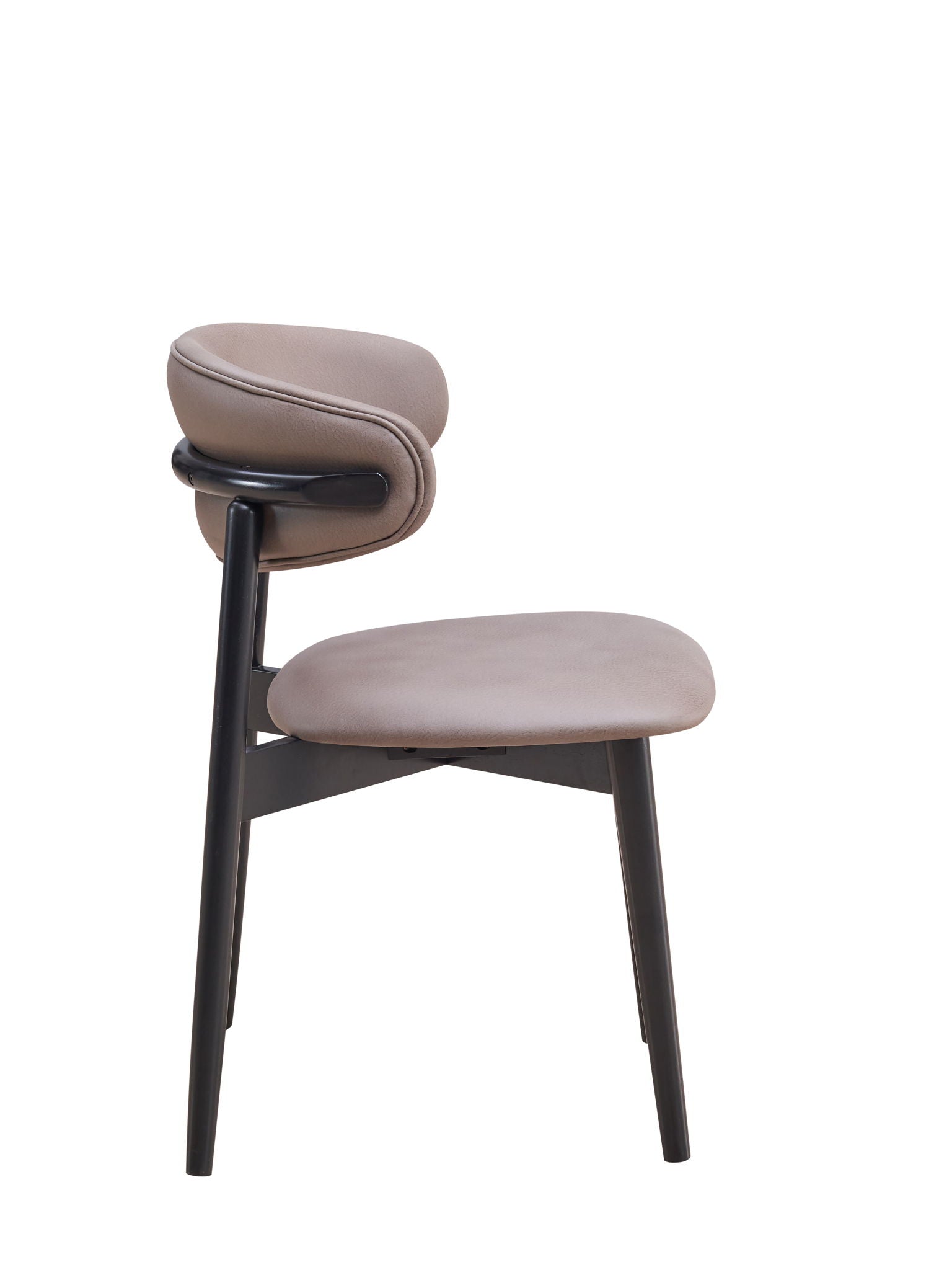 The Lanae Polished Microfiber Side Chair set features a gray cushioned seat, curved padded backrest, and black wooden frame, all showcased against a white background.