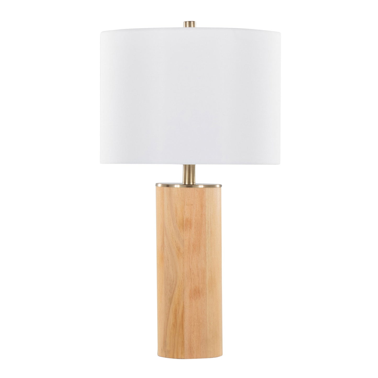 The Cylinder - Ash Contemporary Table Lamp features a cylindrical ash wood base, antique brass accents, and a large white drum shade for a simple, modern look.