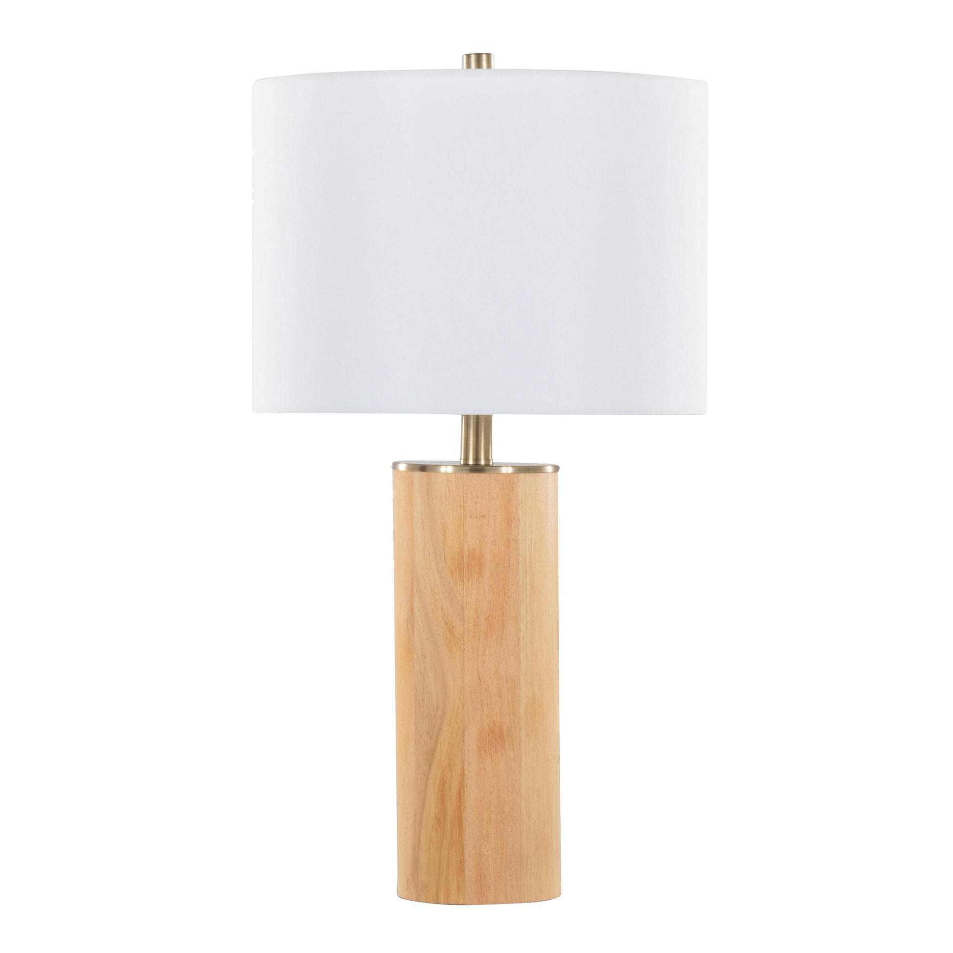 The Cylinder - Ash Contemporary Table Lamp features a cylindrical ash wood base, antique brass accents, and a large white drum shade for a simple, modern look.