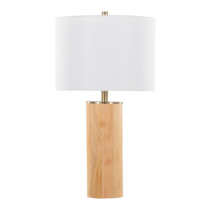 The Cylinder - Ash Contemporary Table Lamp features a cylindrical ash wood base, antique brass accents, and a large white drum shade for a simple, modern look.