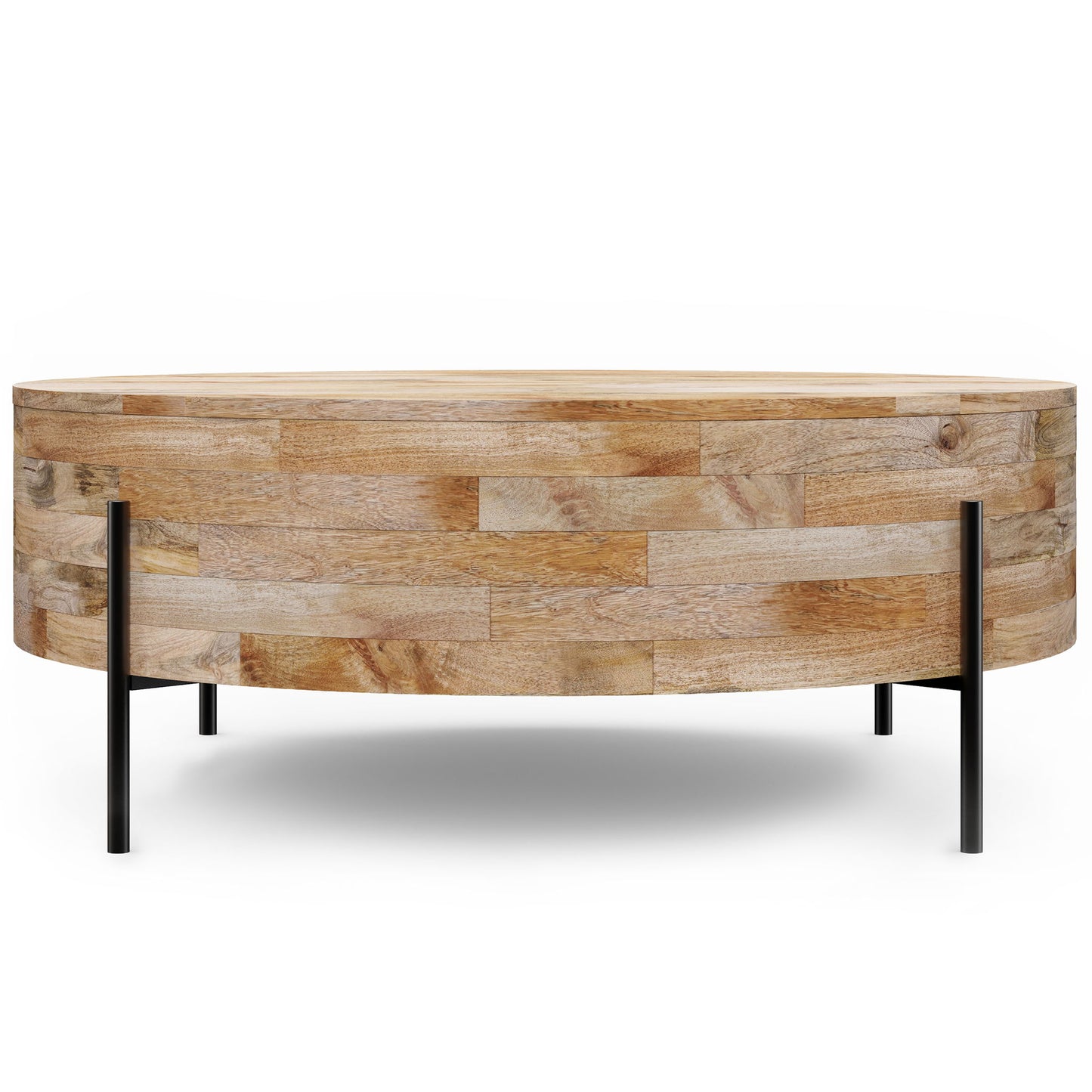 The Rayburn Drum Coffee Table in natural wood features a round design with a light finish and four slim black metal legs, displayed against a white background.