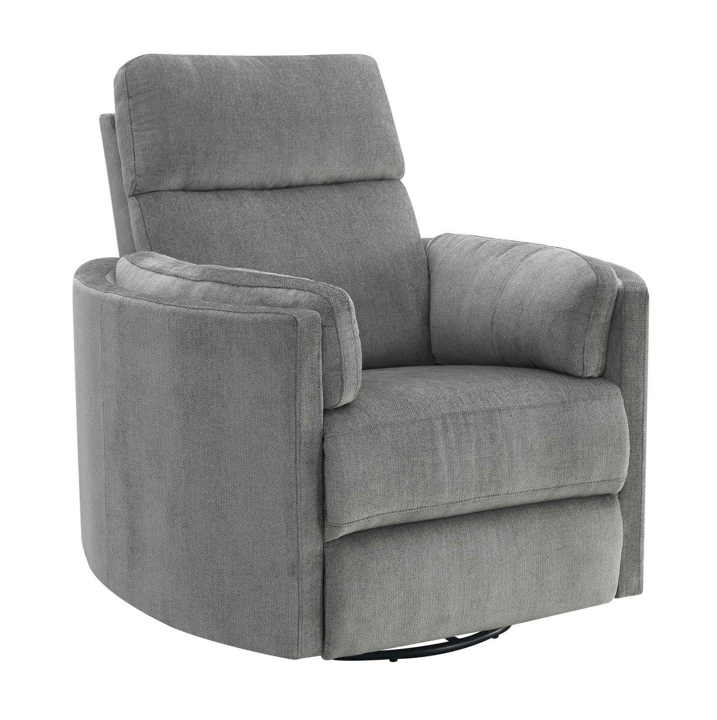 The Sagen - Chenille Glider Recliner With Swivel features a modern gray upholstered design, thick cushions, wide padded armrests, and a curved back, shown against a plain white background.