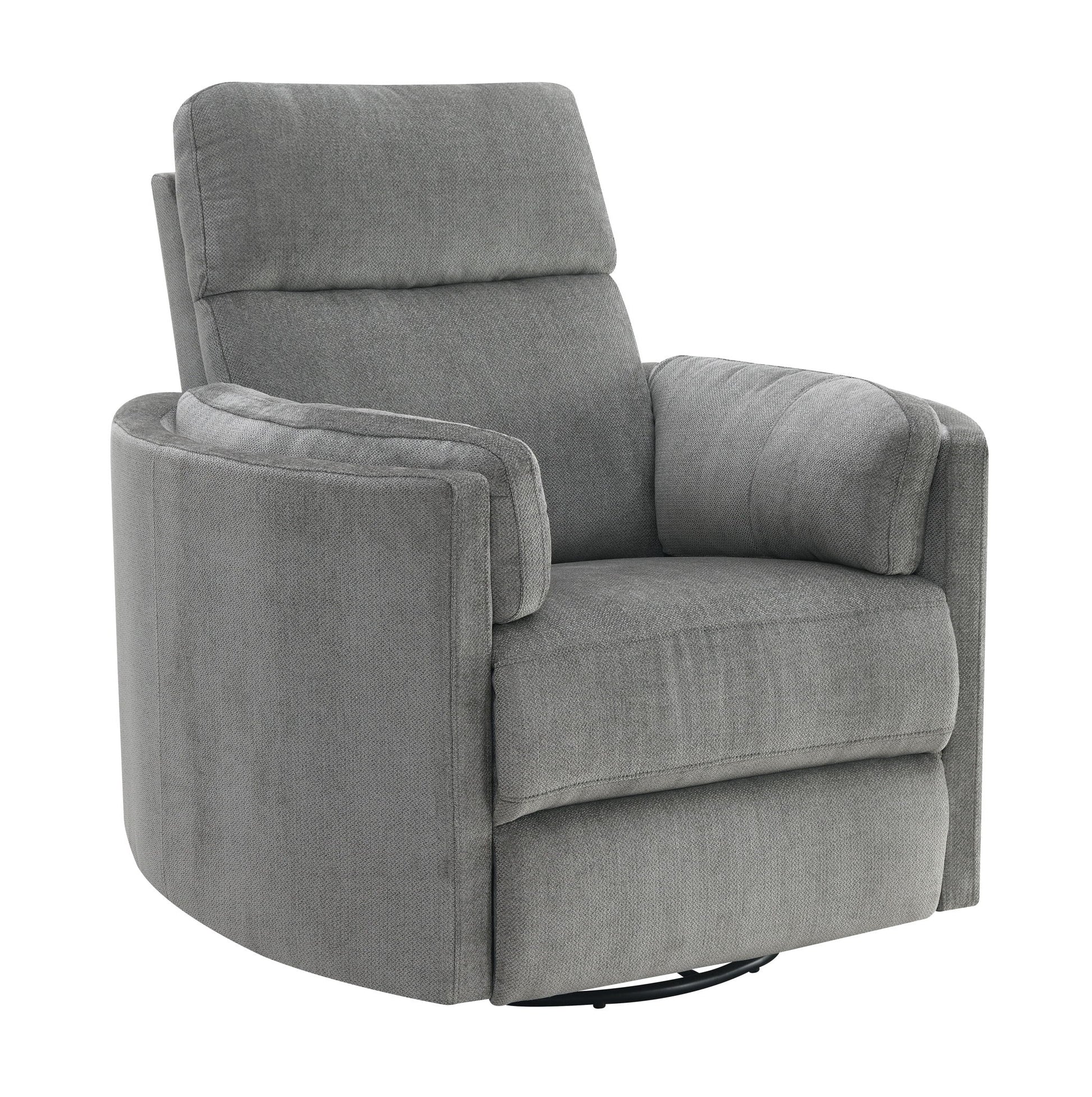 The Sagen - Chenille Glider Recliner With Swivel features a modern gray upholstered design, thick cushions, wide padded armrests, and a curved back, shown against a plain white background.