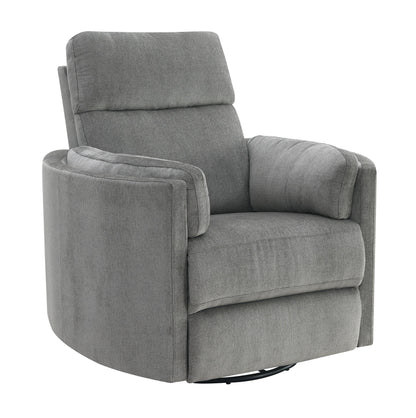 The Sagen - Chenille Glider Recliner With Swivel features a modern gray upholstered design, thick cushions, wide padded armrests, and a curved back, shown against a plain white background.