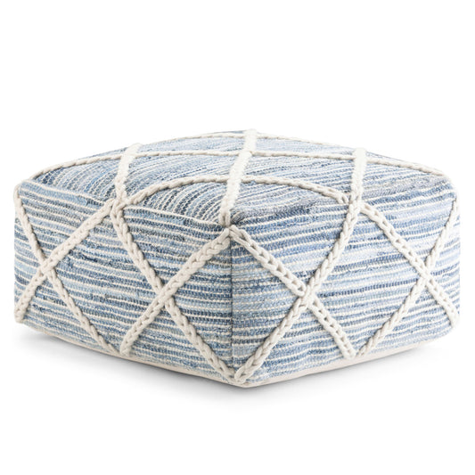 The Cowan - Handcrafted Square Pouf features a square shape in light blue and white, with a textured woven surface and thick diagonal white lines creating diamond patterns on each side.
