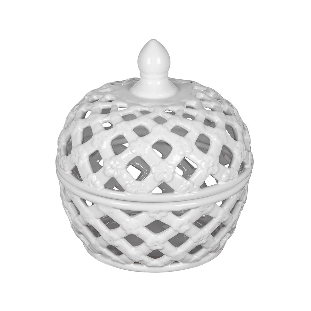The Ceramic Lidded Jar With Lattice Design - White features a decorative open-weave pattern, rounded lid, and small top knob. Its ceramic construction offers stylish visibility through the sides.