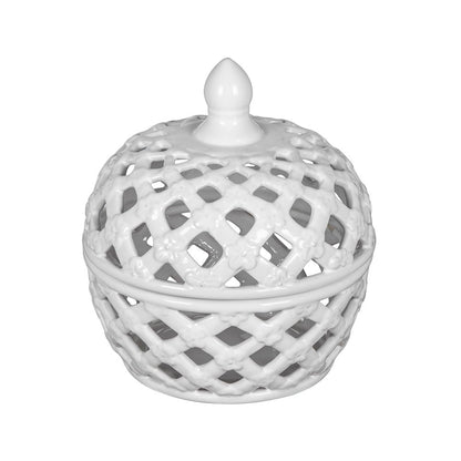 The Ceramic Lidded Jar With Lattice Design - White features a decorative open-weave pattern, rounded lid, and small top knob. Its ceramic construction offers stylish visibility through the sides.