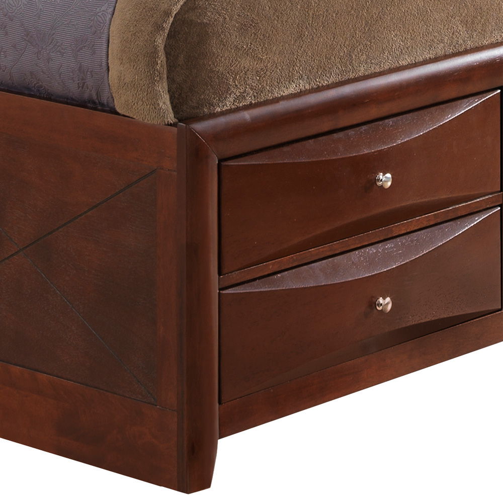 Close-up of the Marilla Storage Bed With Bookcase Headboard shows its wooden frame corner and two built-in storage drawers with round metal knobs, plus the edge of a brown blanket on the mattress above.