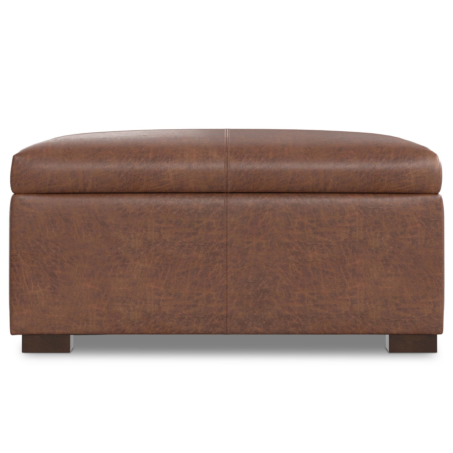The Gabbie Coffee Table Upholstered Storage Ottoman features a rectangular brown leather design with a cushioned top and short wooden legs, displayed from the front against a white background.