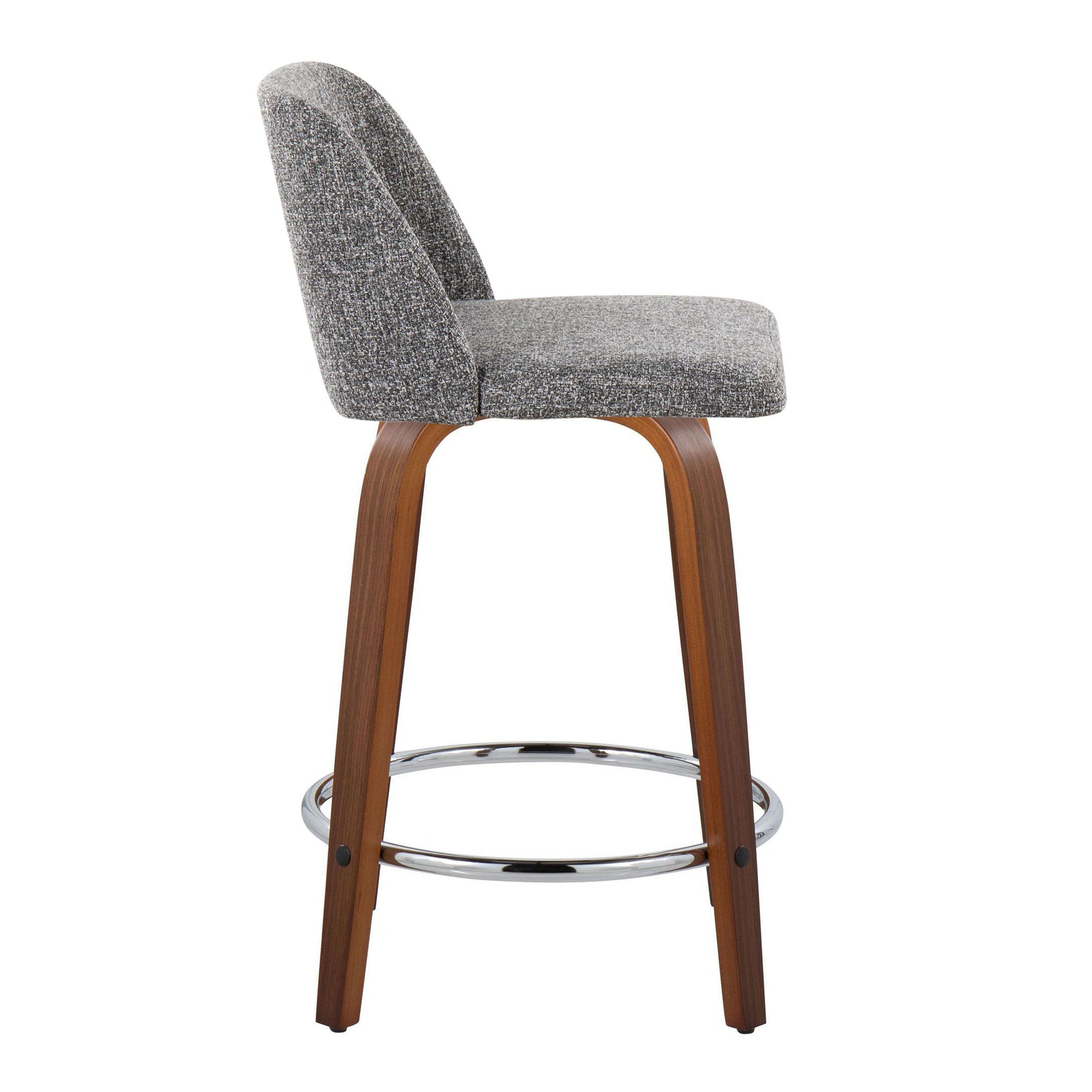 The Toriano counter stool, sold in a set of two, features a modern design with a curved gray fabric seat and backrest. Its wooden frame has slightly angled legs and is complemented by a circular chrome footrest. Side view available.