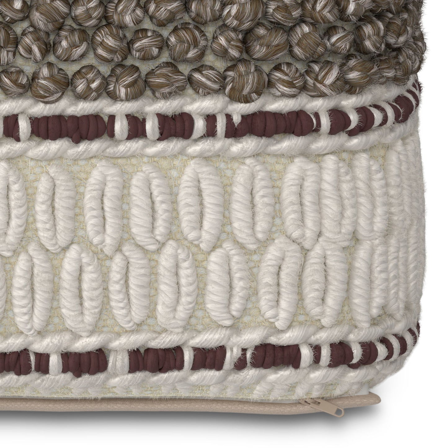 Close-up of the Grady Handcrafted Square Pouf, showcasing thick brown, white, and maroon yarn in a textured woven fabric with raised rows of rounded and oval patterns for a tactile look.