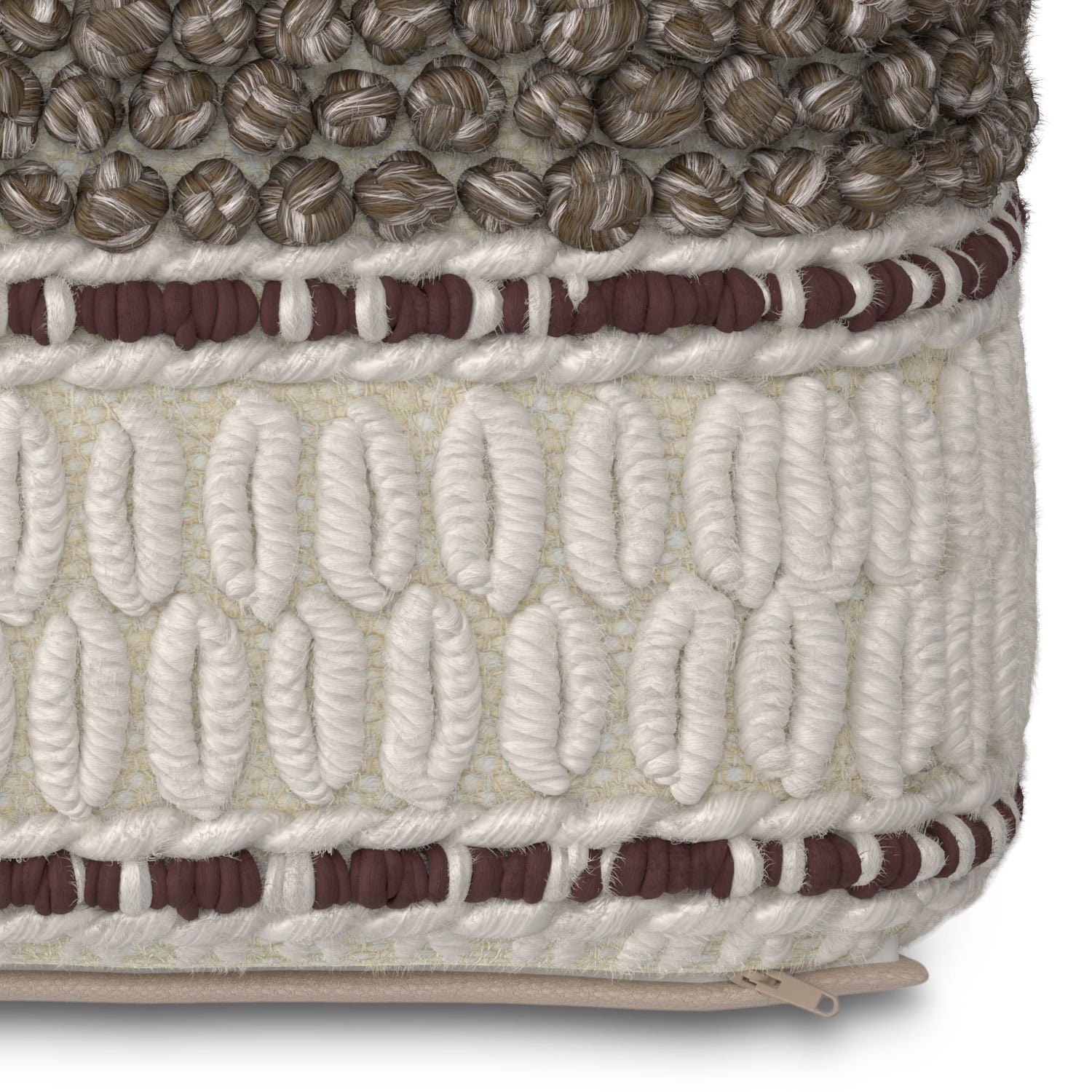 Close-up of the Grady Handcrafted Square Pouf, showcasing thick brown, white, and maroon yarn in a textured woven fabric with raised rows of rounded and oval patterns for a tactile look.