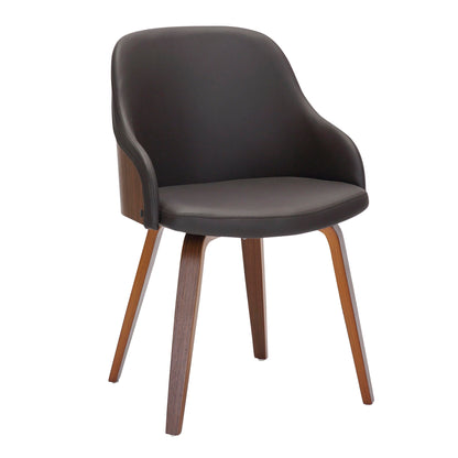 The Bacci Mid Century Modern Dining Chair features a curved black upholstered seat and backrest, supported by four angled wooden legs with a dark brown finish.