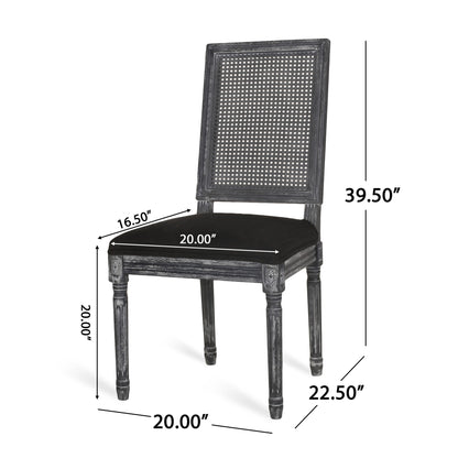 The French Country Dining Chair features a rectangular cane backrest, smooth upholstered seat, and black wooden frame. Dimensions: 39.5" height, 20" seat width/depth, 16.5" backrest depth, and 22.5" seat height.