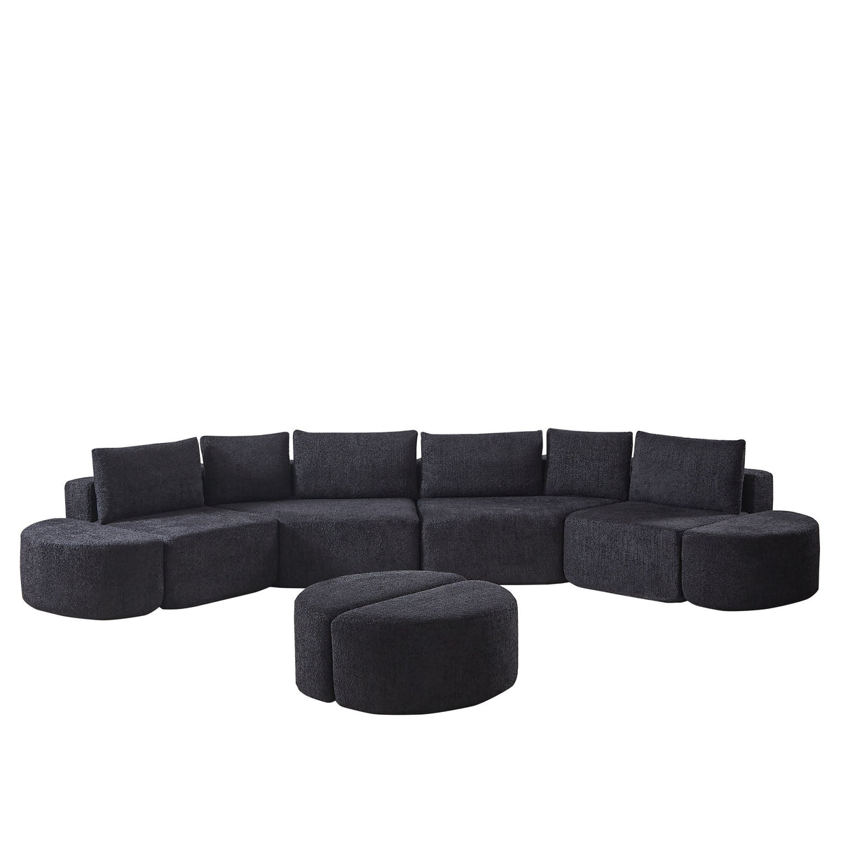 Modular Sectional Sofa With 6 Pillows And 4 Curved Footstools For Living Rooms - Black