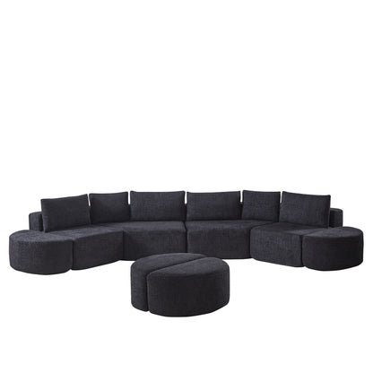 Modular Sectional Sofa With 6 Pillows And 4 Curved Footstools For Living Rooms - Black