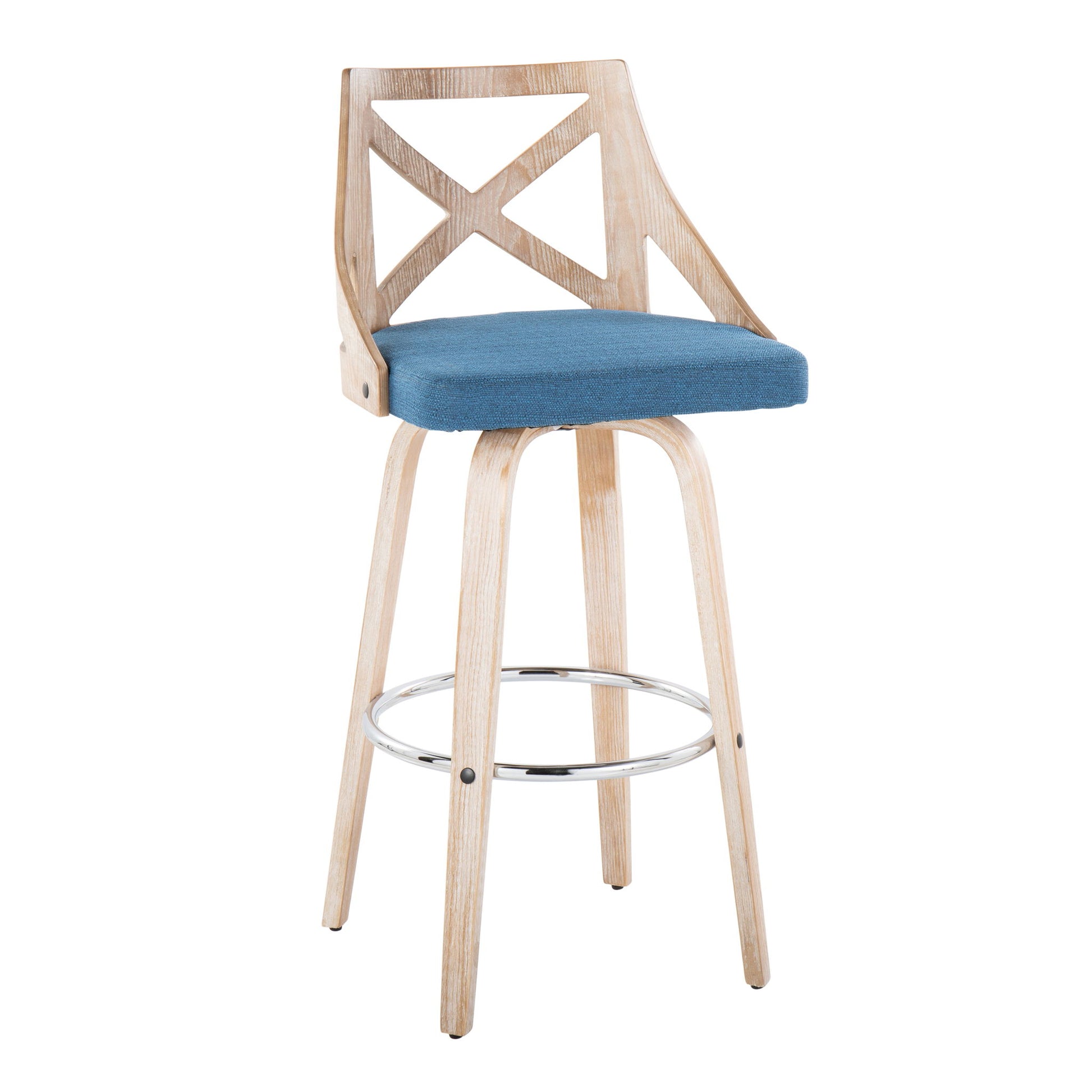 The Charlotte Farmhouse Fixed Height Bar Stools (Set of 2) feature a swivel design, light wood finish, crossed backrest, blue upholstered seat, four angled legs, and a round metal footrest for modern style and comfort.