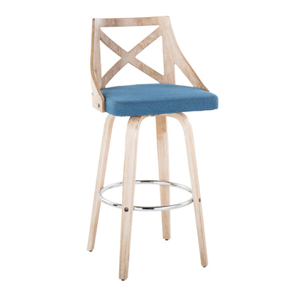 The Charlotte Farmhouse Fixed Height Bar Stools (Set of 2) feature a swivel design, light wood finish, crossed backrest, blue upholstered seat, four angled legs, and a round metal footrest for modern style and comfort.