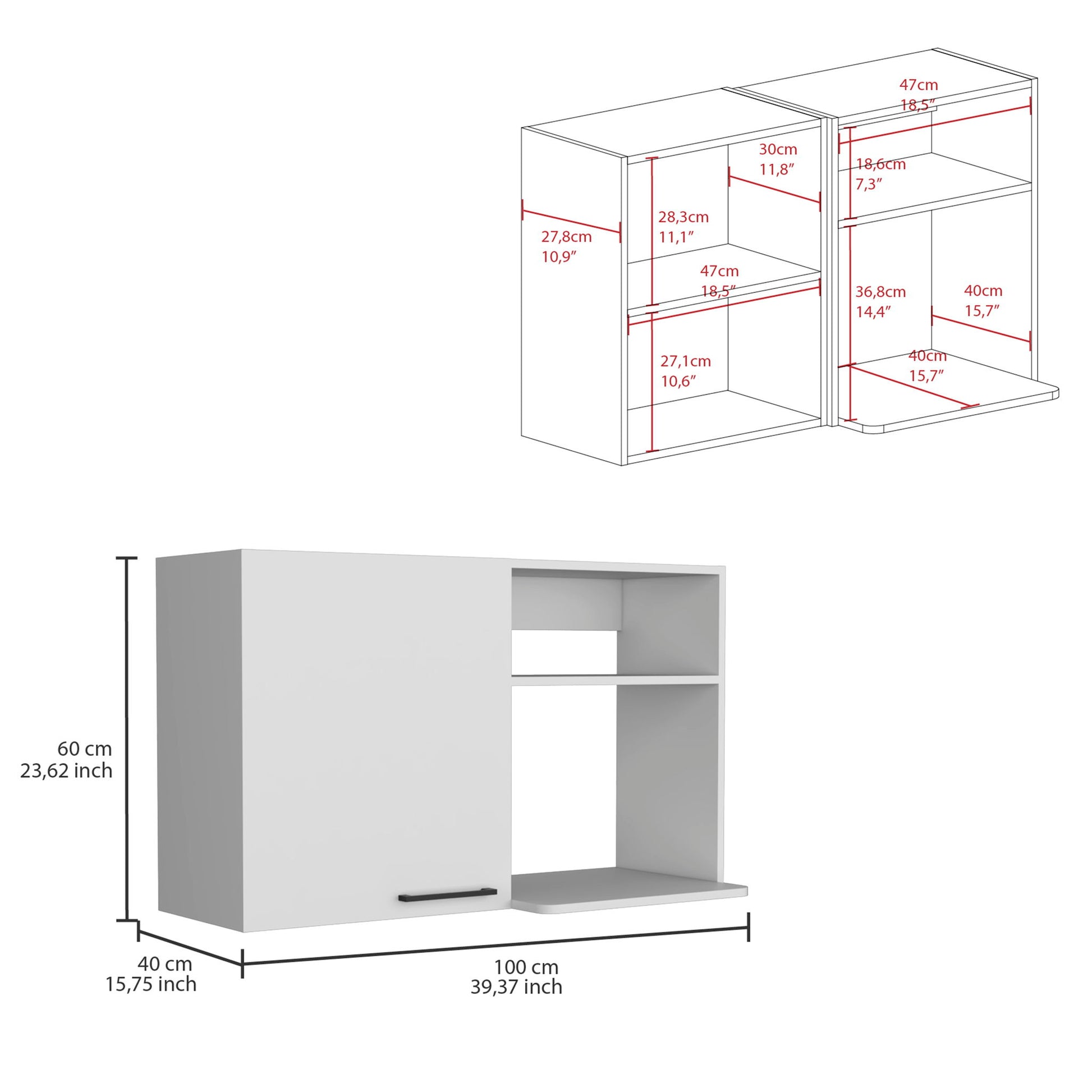 3D illustration of the Burwood Kitchen Wall Cabinet With 2 Doors And Shelves in white, showing detailed measurements in cm and inches for each section and full cabinet size: 100x40x60 cm (39.37x15.75x23.62 inches).