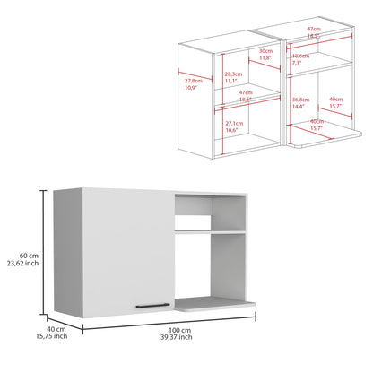 3D illustration of the Burwood Kitchen Wall Cabinet With 2 Doors And Shelves in white, showing detailed measurements in cm and inches for each section and full cabinet size: 100x40x60 cm (39.37x15.75x23.62 inches).