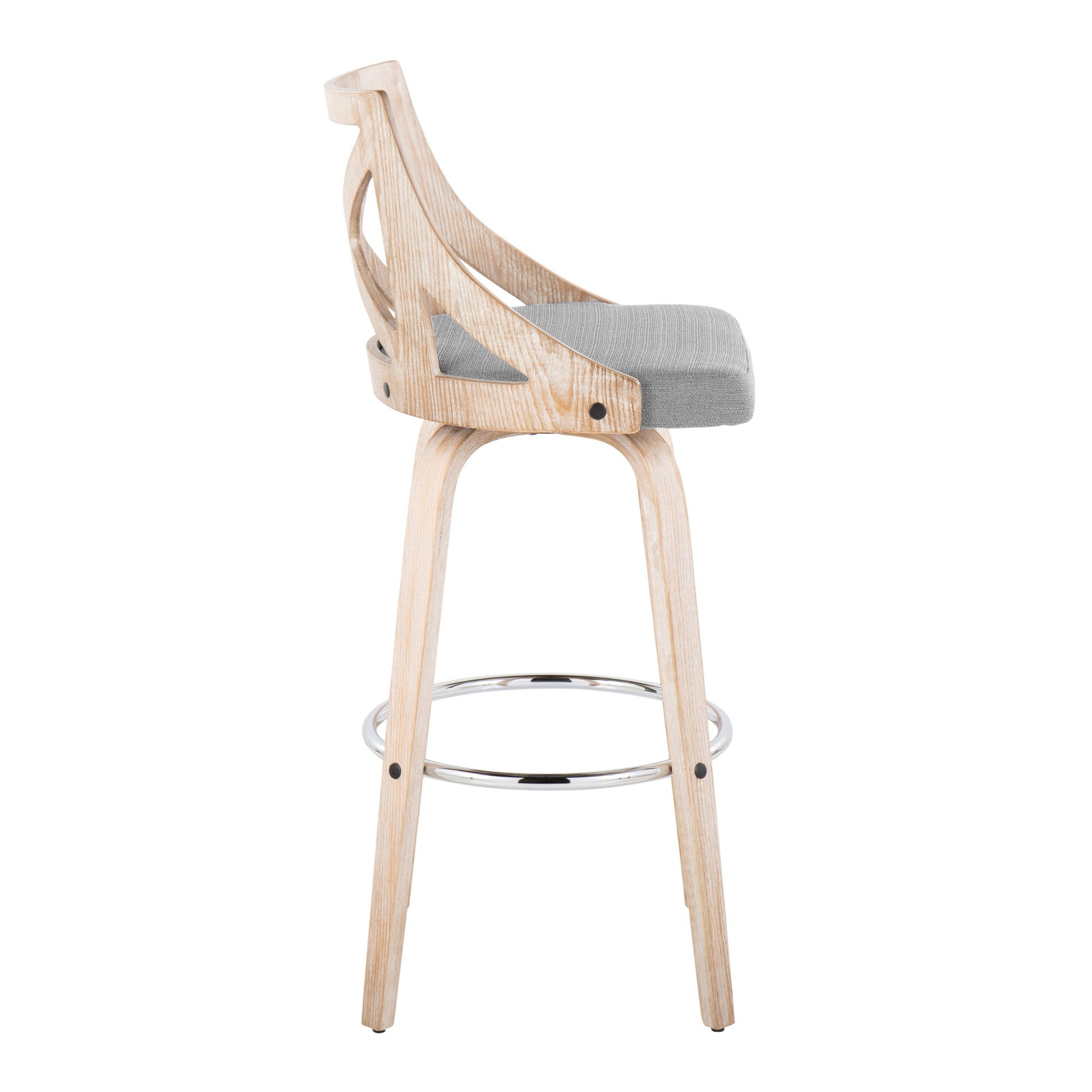 Side view of Charlotte - Farmhouse Fixed Height Bar Stool with swivel, curved backrest with cut-out design, cushioned gray seat, light wood finish, and round metal footrest (Set of 2).