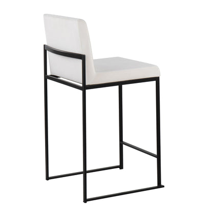 Introducing the Fuji - Contemporary Modern Elegance High Back Counter Stool, featuring a white cushioned seat and backrest on a minimalist black metal frame with straight legs and footrest.